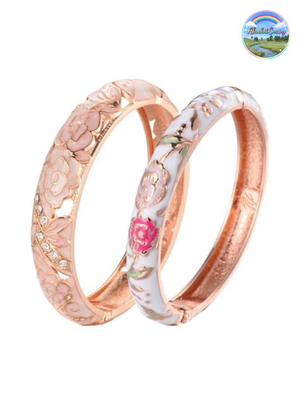 Vintage Enameled Rhinestone Rose Hinged Cuff Bracelet Bangle Set